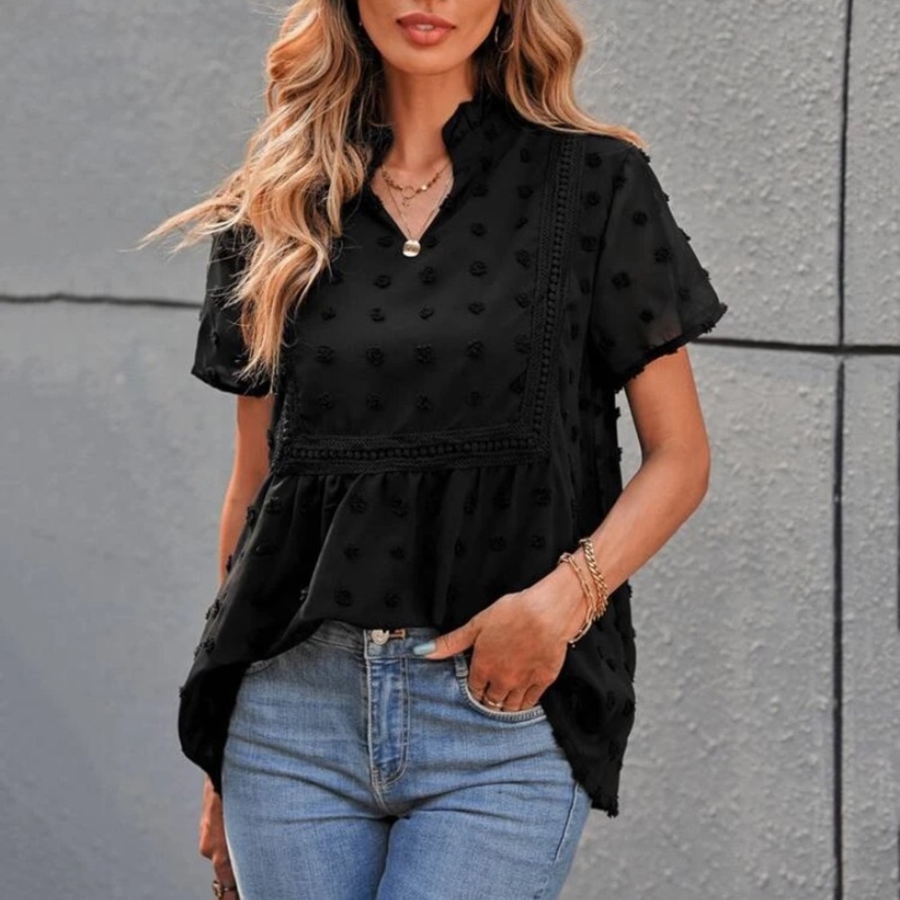 Notch neck lace panel Swiss dot chiffon blouse